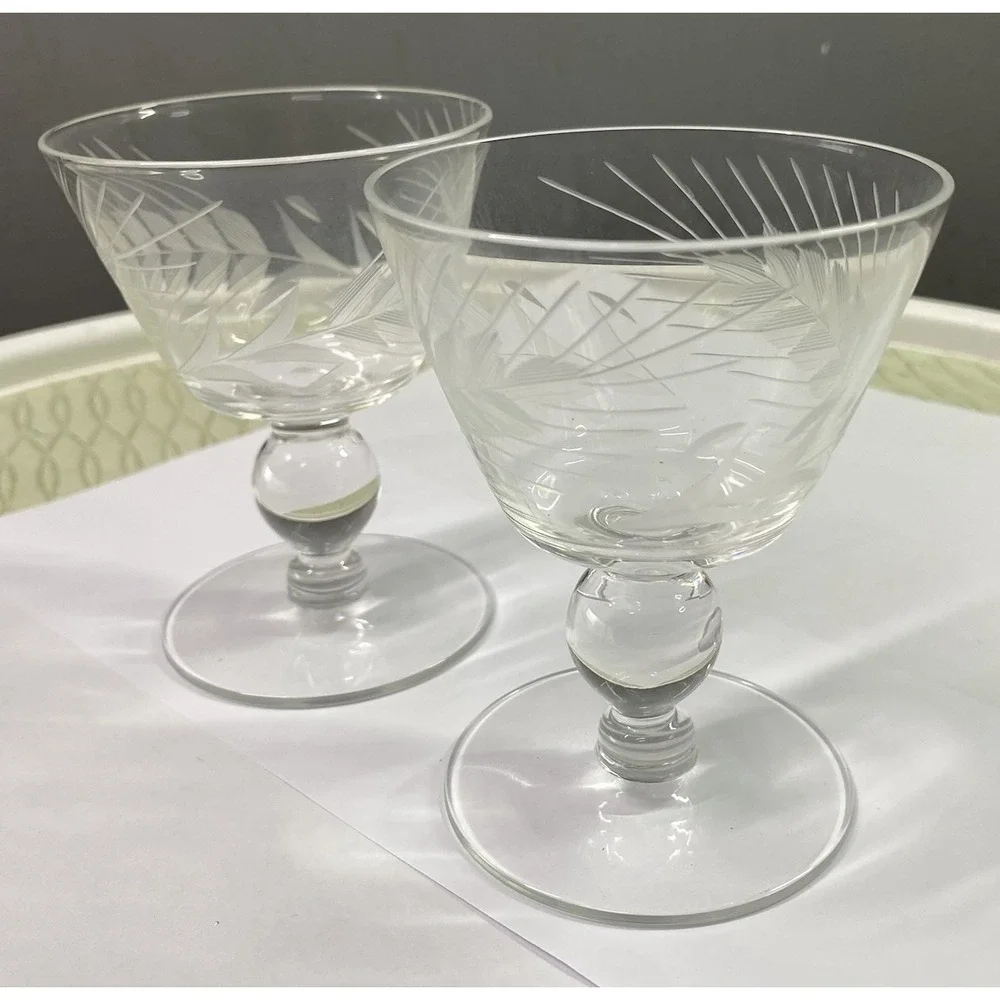2 Vintage Libbey Cocktail Glasses Etched Wheat‎ Pattern Sipper 3.74